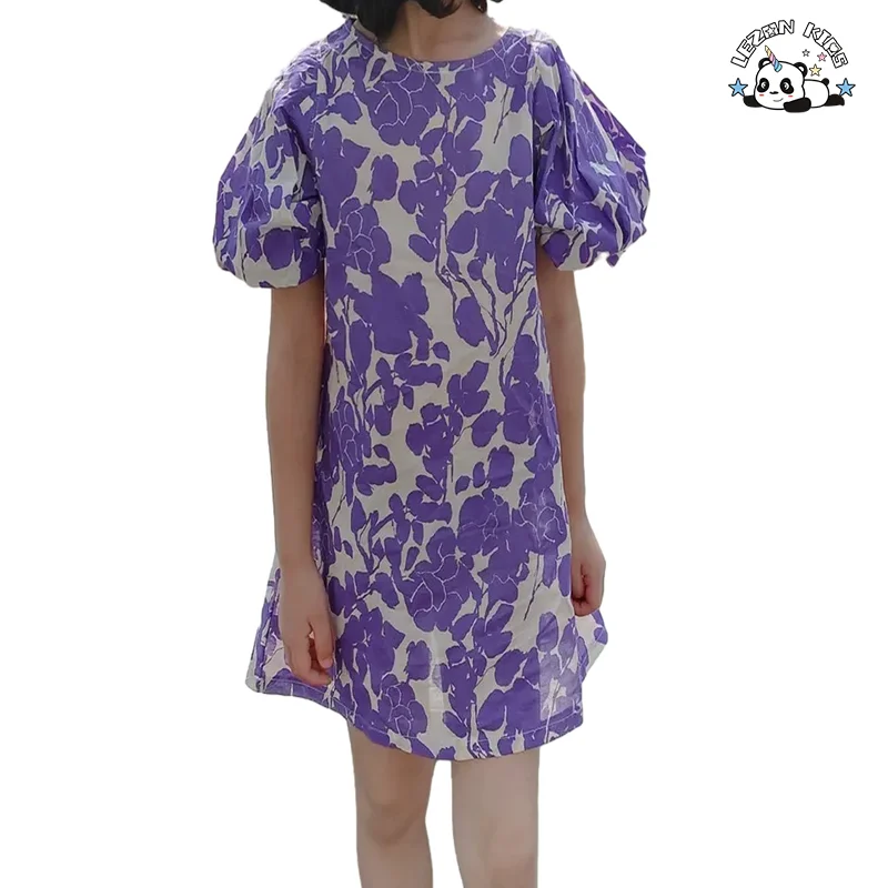 LEZONKIDS - 2021 spring and summer children's clothing girls dress purple flower skirt puff sleeve temperament children's skirt